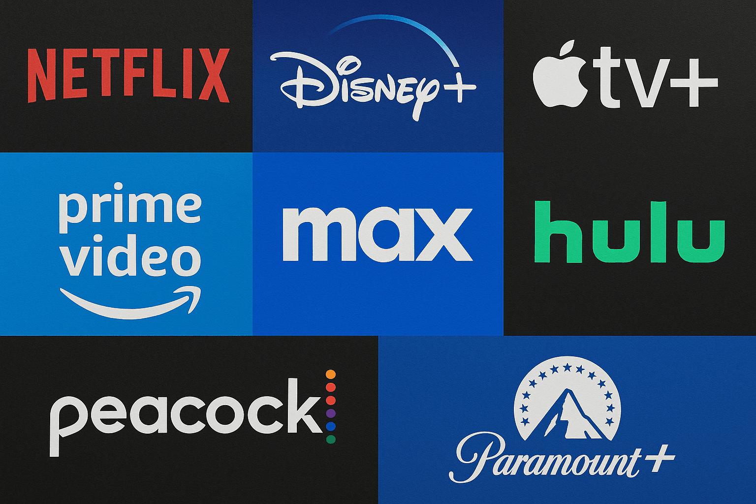 Popular streaming services including Netflix, Disney+, Apple TV+, Prime Video, Max, Hulu, Peacock, and Paramount+