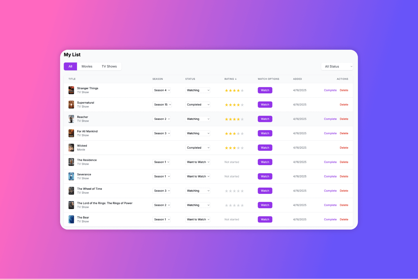 Streamy List user interface showing a watchlist with various TV shows and movies